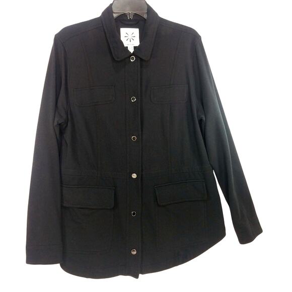 Isaac Mizrahi French Terry Jacket Solid Black Casual Snap Button Front Pockets M - Picture 1 of 12